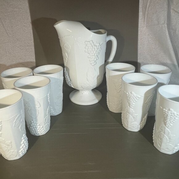Harvest Grapes Milk Glass Drinking Glass set of 6 – Sunbeam  Milk Glass Pitcher Set and 8 Drinking Glasses. Beautiful Grape Leaf Design (1286